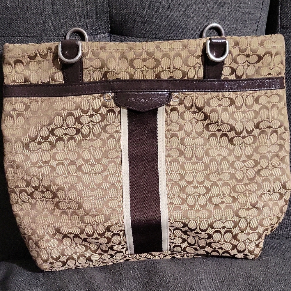 Coach Brown Signature Tote Bag with Leather Stripe